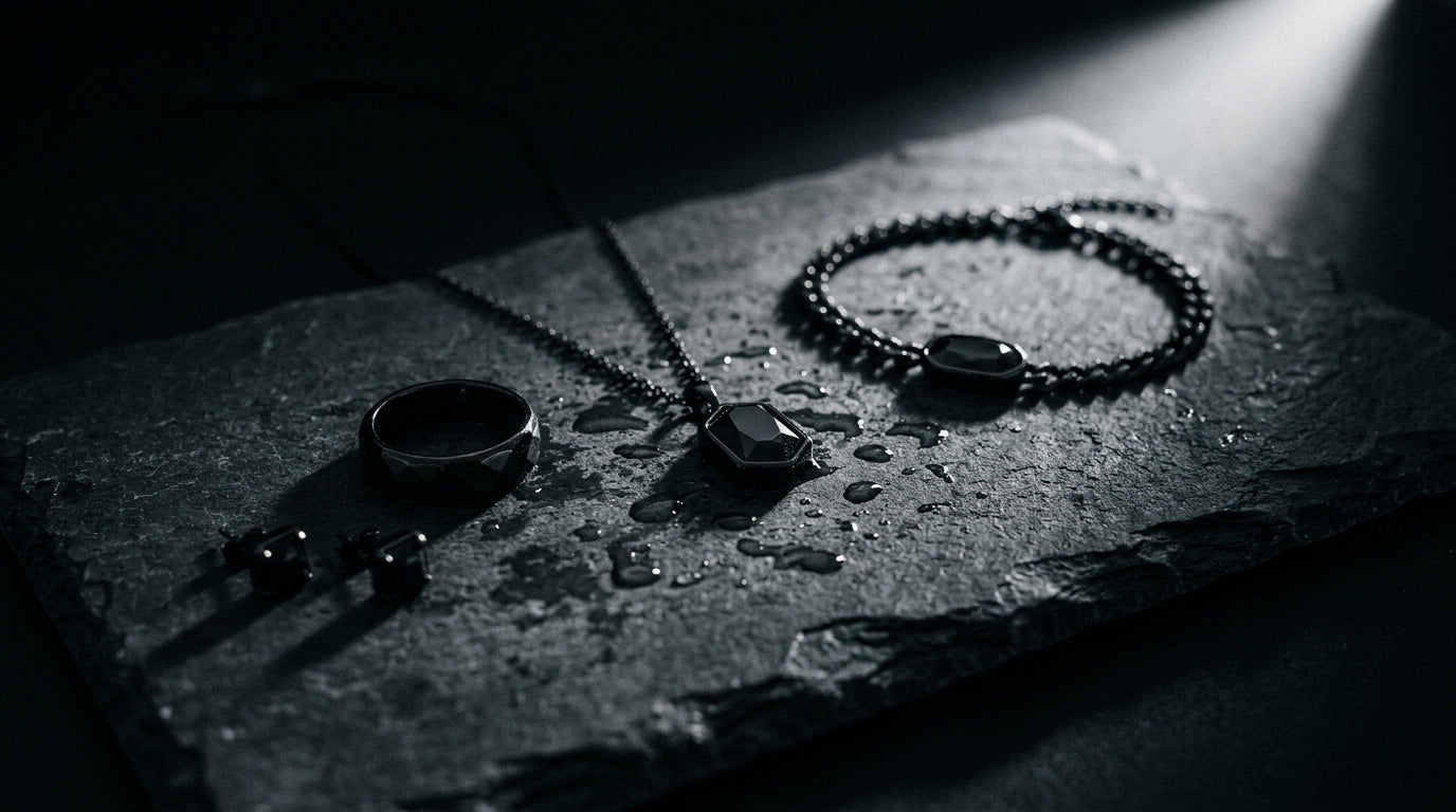 CS008 Men's 4-Piece Gift Set — Black Watch, Chain Bracelet, Cross Necklace & Ring
