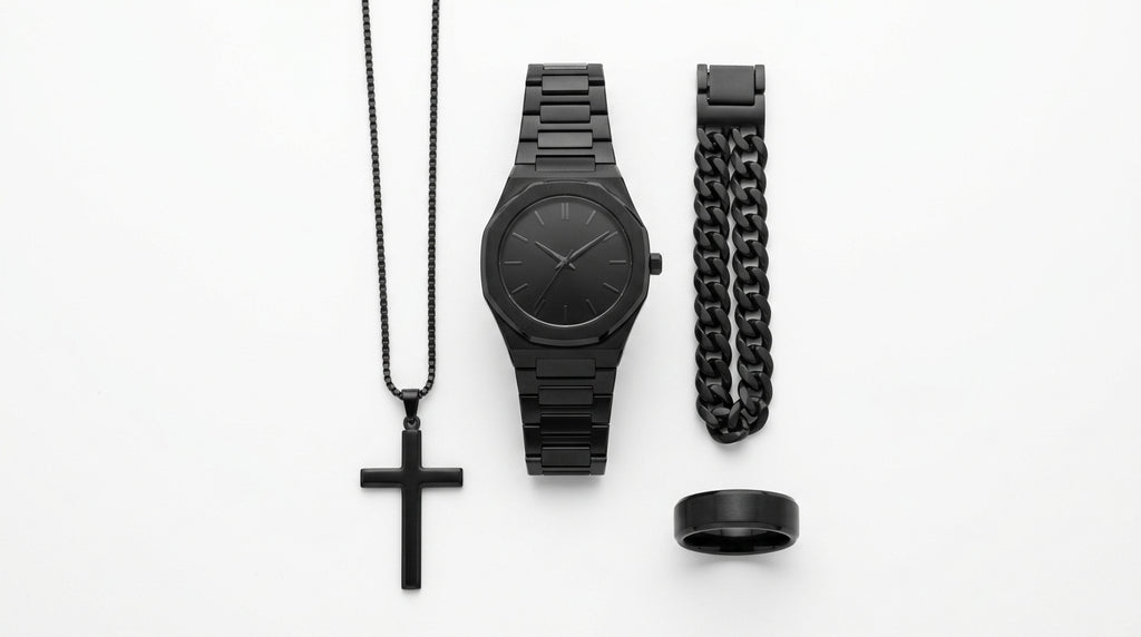 CS008 Men's 4-Piece Gift Set — Black Watch, Chain Bracelet, Cross Necklace & Ring