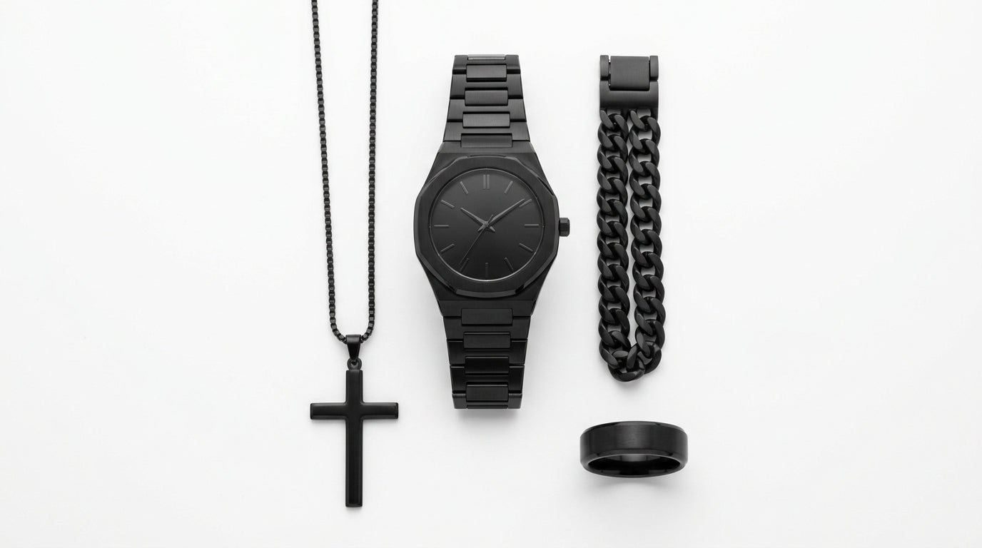 CS008 Men's 4-Piece Gift Set — Black Watch, Chain Bracelet, Cross Necklace & Ring