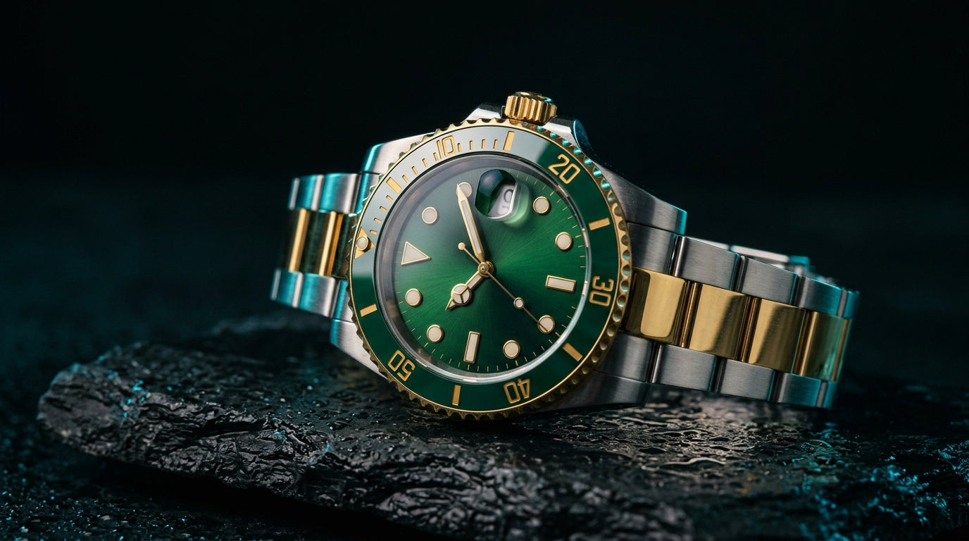 OLEVS 5885 — Green Sunburst Dial, Two-Tone Diver Watch
