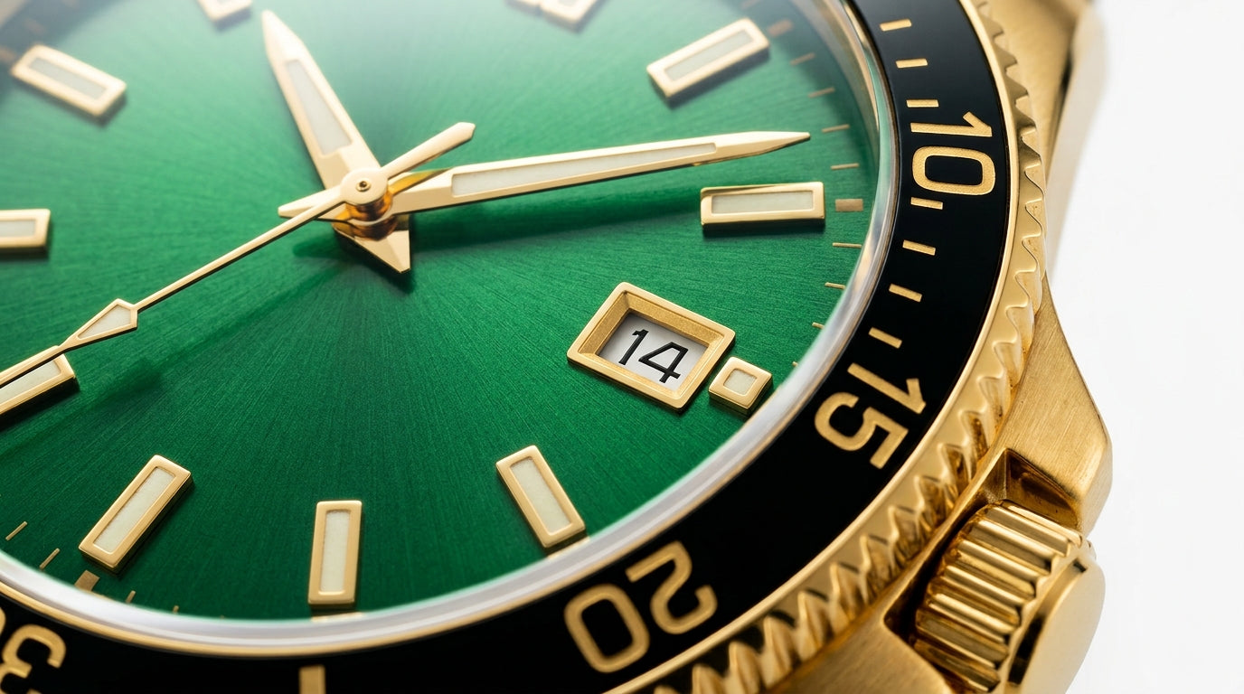 OLEVS 5885 — Green Sunburst Dial, Two-Tone Diver Watch