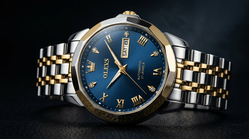 OLEVS 2025 — Blue Sunburst Dial, Diamond Bezel Dress Watch
