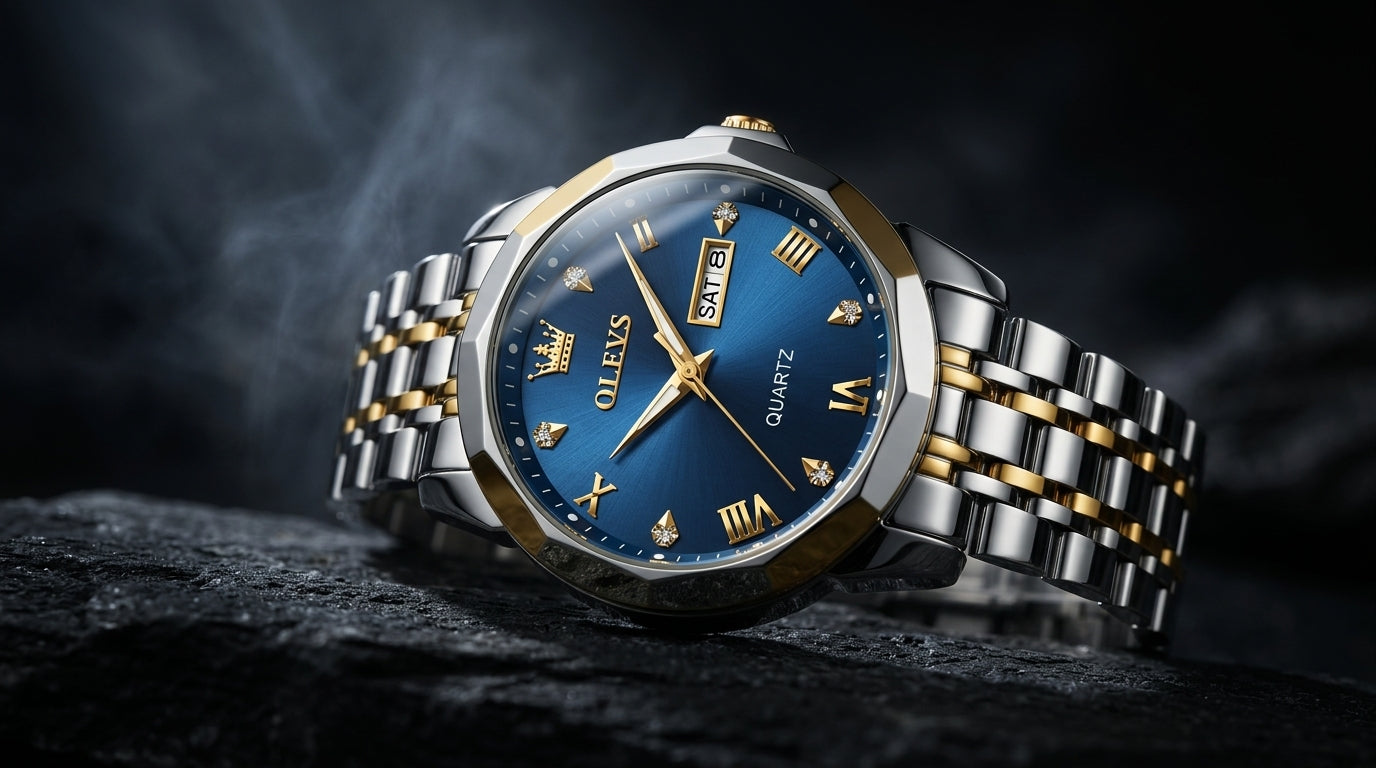 OLEVS 2025 — Blue Sunburst Dial, Diamond Bezel Dress Watch