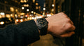 Aura Octagon Watch — Matte Black Case, Gold Arabic Dial | Men's Quartz Bracelet Watch