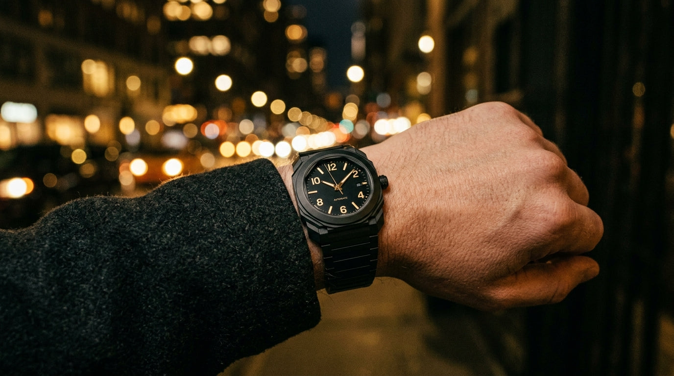 Aura Octagon Watch — Matte Black Case, Gold Arabic Dial | Men's Quartz Bracelet Watch