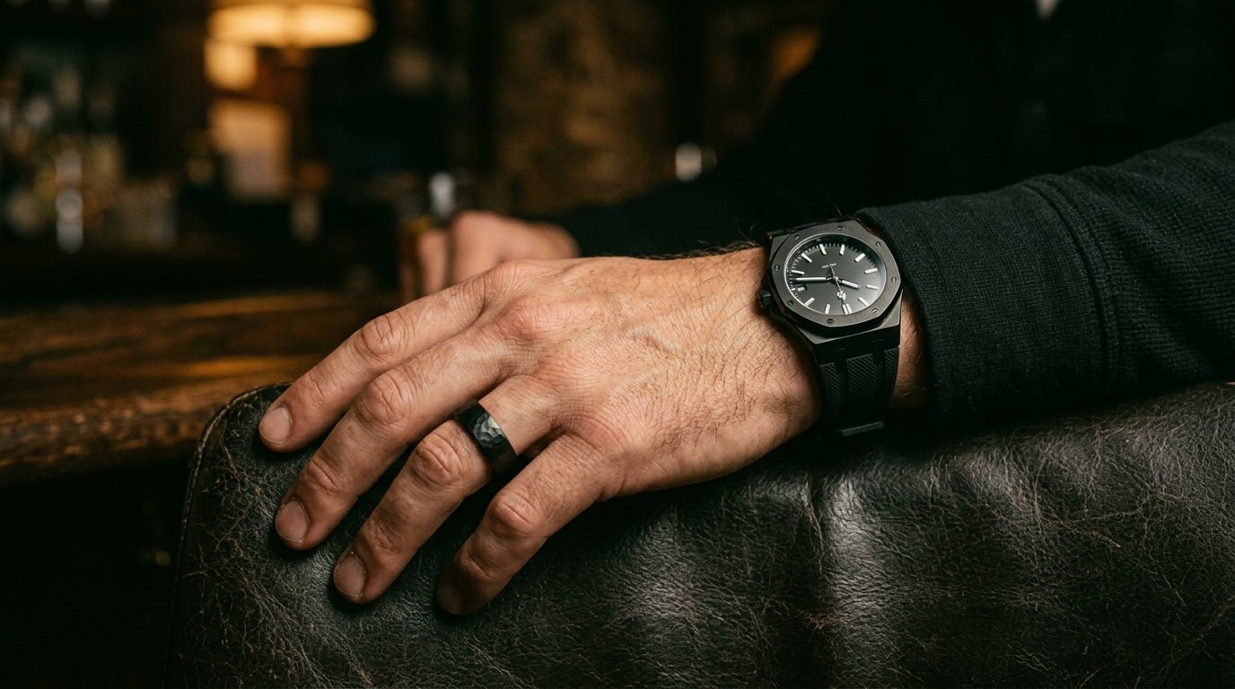 CS008 Men's 4-Piece Gift Set — Black Watch, Chain Bracelet, Cross Necklace & Ring