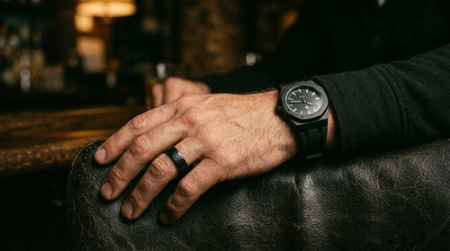 CS008 Men's 4-Piece Gift Set — Black Watch, Chain Bracelet, Cross Necklace & Ring