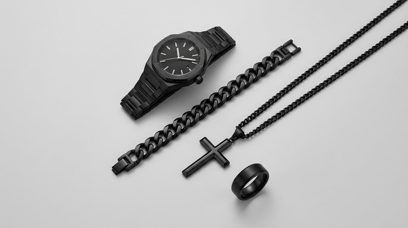 CS008 Men's 4-Piece Gift Set — Black Watch, Chain Bracelet, Cross Necklace & Ring
