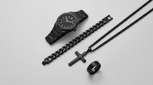 Aura Octagon Watch — Matte Black Case, Gold Arabic Dial | Men's Quartz Bracelet Watch