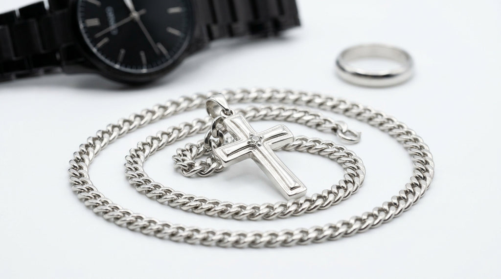 CS008 Men's 4-Piece Gift Set — Black Watch, Chain Bracelet, Cross Necklace & Ring