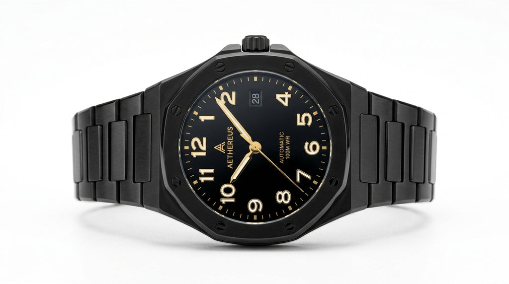 Aura Octagon Watch — Matte Black Case, Gold Arabic Dial | Men's Quartz Bracelet Watch