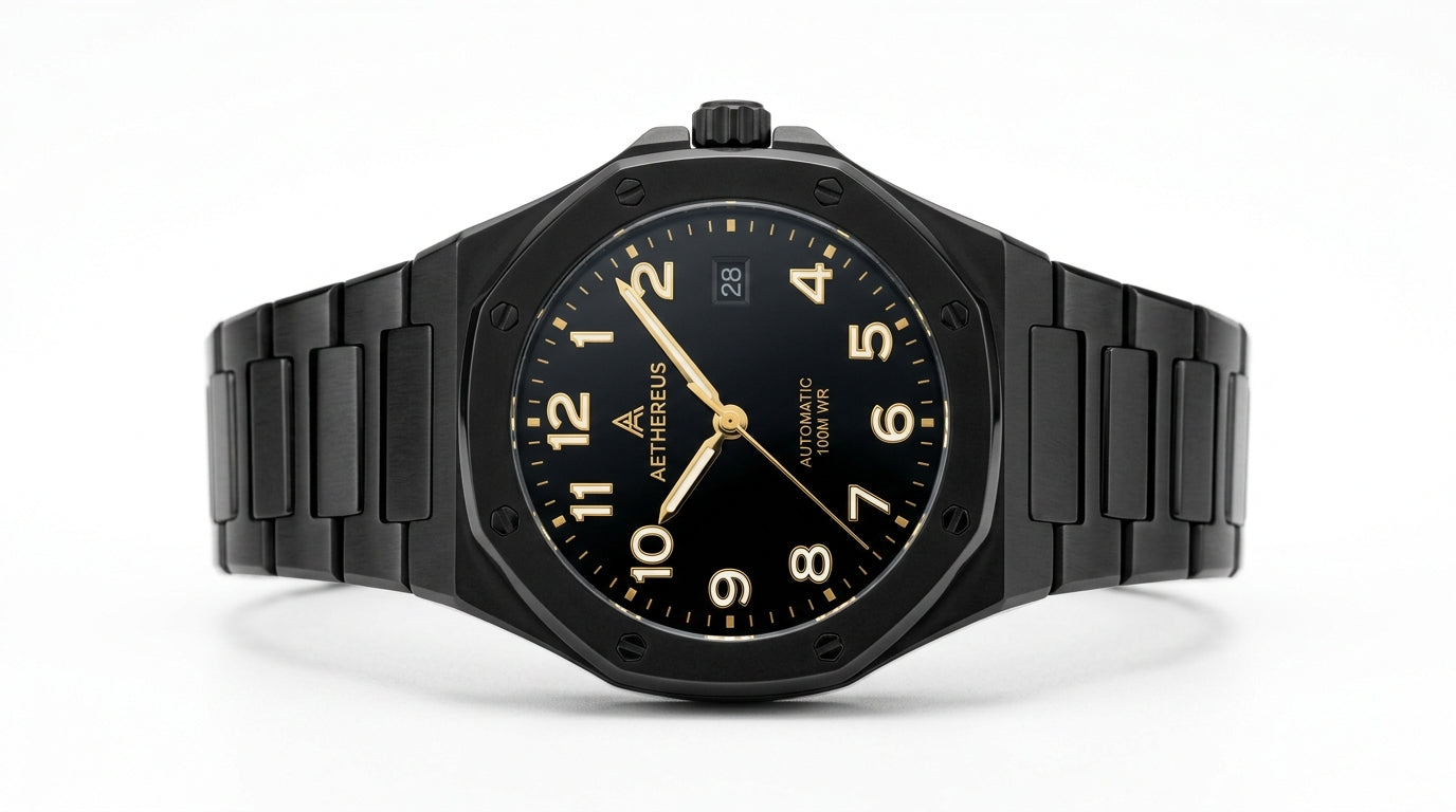 Aura Octagon Watch — Matte Black Case, Gold Arabic Dial | Men's Quartz Bracelet Watch