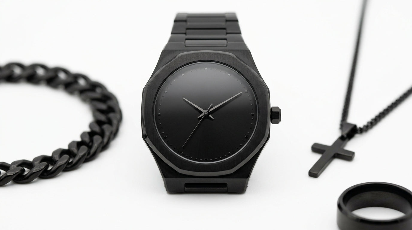 CS008 Men's 4-Piece Gift Set — Black Watch, Chain Bracelet, Cross Necklace & Ring