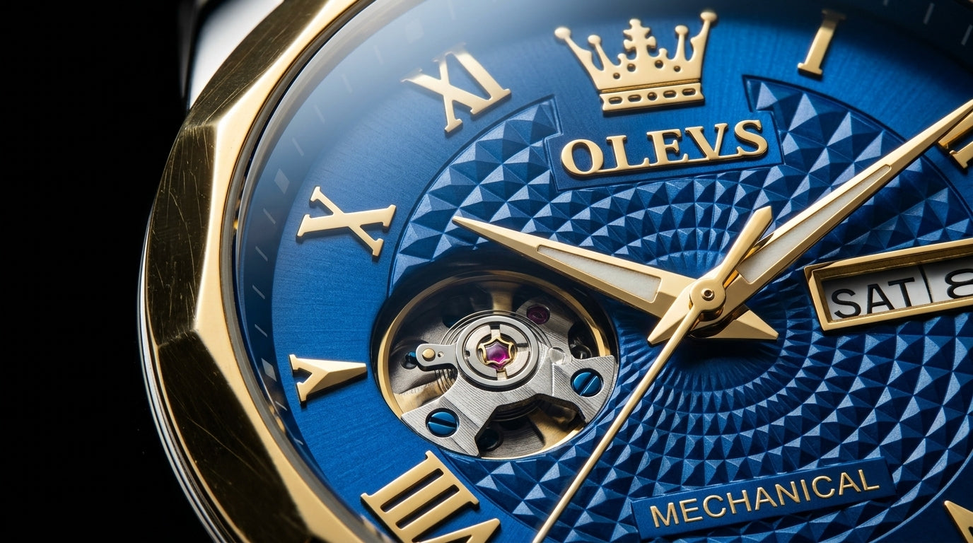 OLEVS 2025 — Blue Sunburst Dial, Diamond Bezel Dress Watch